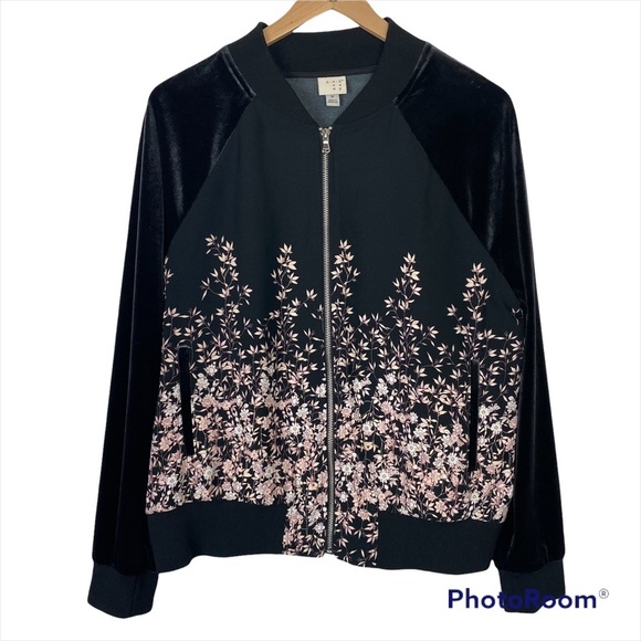 A NEW DAY BLACK Velvet Sleeve Cherry Blossom Bomber Jacket Zip-Up Medium - Picture 3 of 13